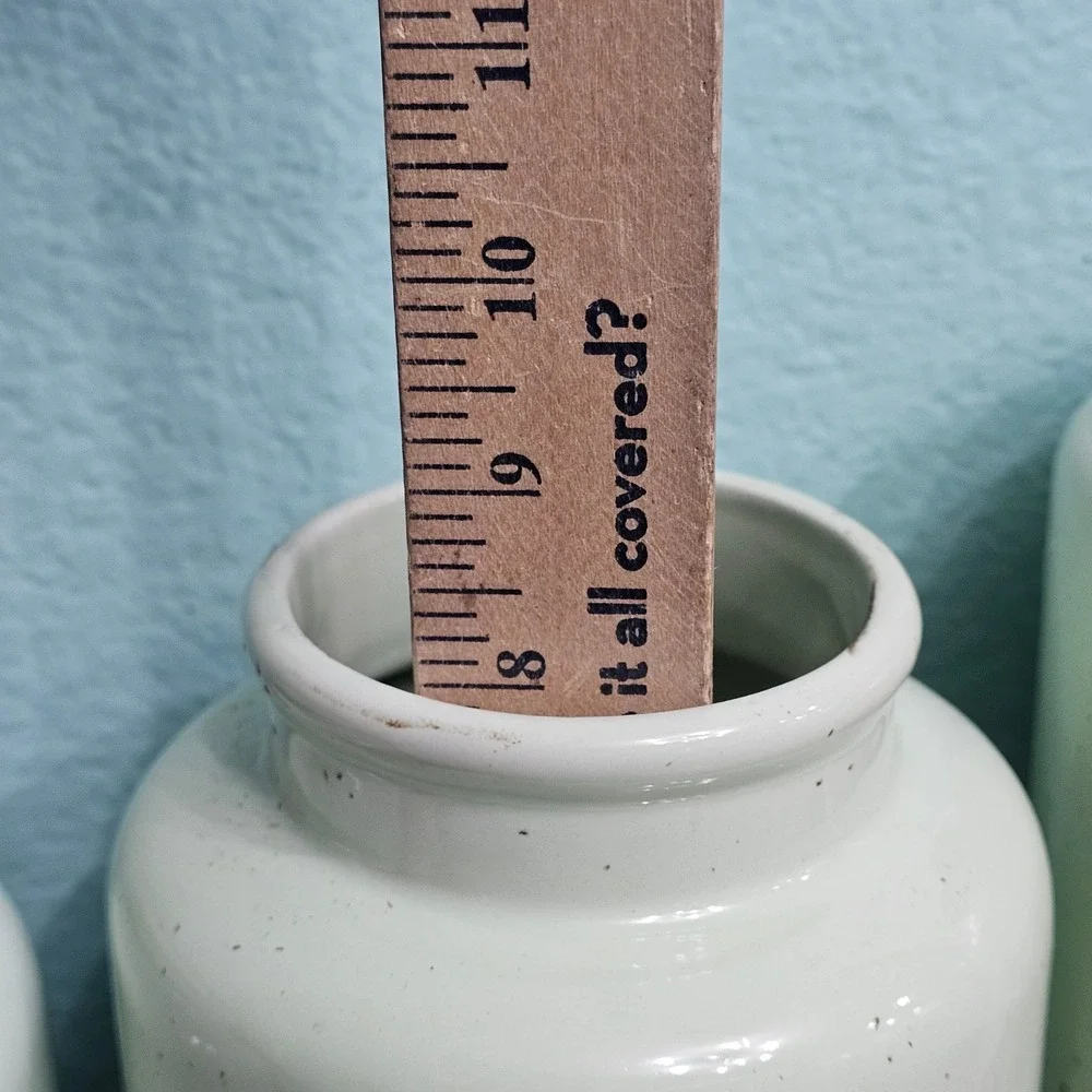 Pier 1 Imports Mint Green Speckled Ceramic Canister Set Wood Lids Farmhouse